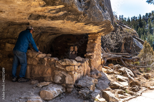 A person looking into ruined Pueblo dwellings, abandoned some 700 years ago, Island Trail, Walnut Canyon National Monument, Arizona