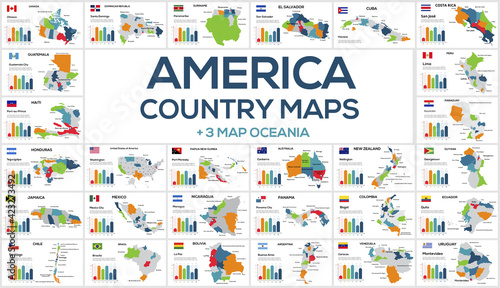 Set of maps of the countries of America. Image of global maps in the form of regions regions of America countries. Flags of countries. Timeline infographic. Easy to edit