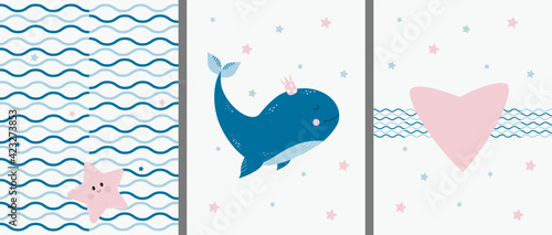 Postcards with a marine pattern and animals. Cute big blue whale with a crown and a starfish with a heart on a decorative background with waves and stars. Vector. For design, decor, print, postcards
