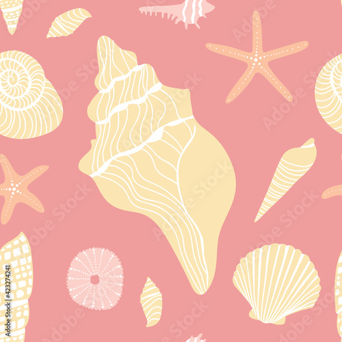 Summer Seashells Tropical Orange and Yellow Seamless Background Pattern. Seamless Background Pattern of seashells and starfish in tropical orange and yellow colors.