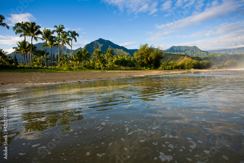 The tide begins to come in as seen from Hanalei Beach on the north shore of Kauai. Hawaii.  