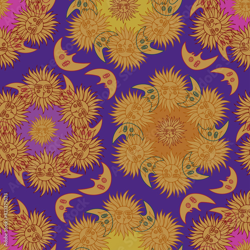 Seamless colorful vector pattern of witchery amulets, sun and moon in orange and purple tones. The design is perfect for wallpaper, wrapping paper, textiles, backgrounds