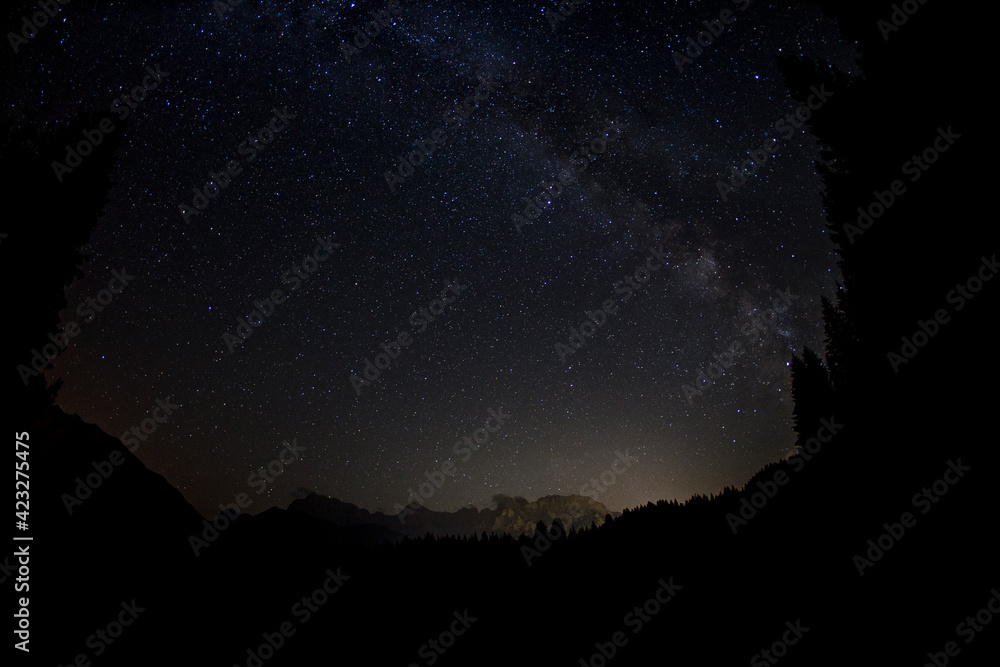 nightscape, night full of stars, the mountain Zugspitze, Bavaria, Germany, at a bright night with Milkyway
