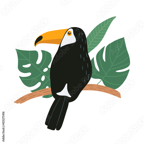 Cute toucan bird sitting on a tropical branch with exotic leaves. Bright colorful vector illustration in cartoon style