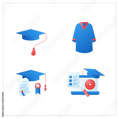 Graduation flat icons set. Special uniform, cap, dress diploma, exam. Studying concept. 3d vector illustrations