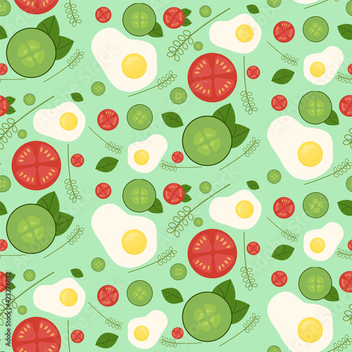 Fototapeta Naklejka Na Ścianę i Meble -  vector pattern on the theme of food. Fried eggs with sliced tomatoes and cucumbers with basil leaves on a blue background