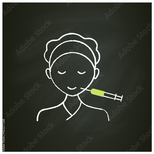 Cosmetic injection chalk icon.Injection into lips corners. Smile. Form correction. Rejuvenation. Full syringe. Beauty cosmetic procedure concept. Isolated vector illustration on chalkboard