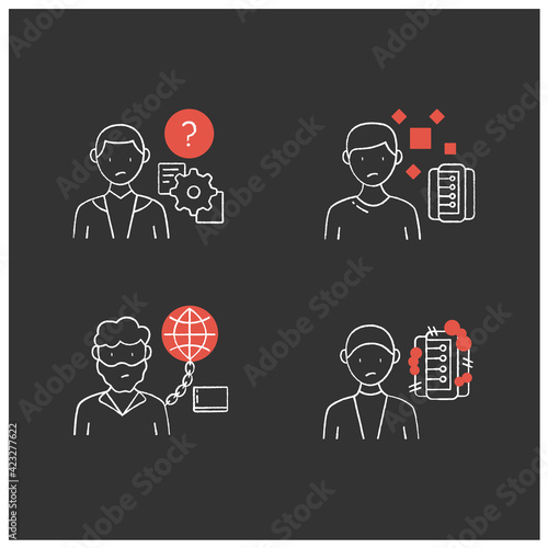 Information overload chalk icons set. Consists of Info pollution, internet addition, unprocessing information. Isolated vector illustrations on chalkboard