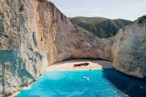 Aerial Shipwreck on Navagio beach, and sunset in Greece 