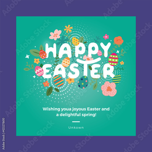 Happy easter greeting card. Easter spring hand drawn flowers background. Colorful Happy Easter greeting card with flowers and eggs. 
