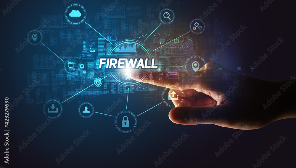 Hand touching cybersecurity button Hand touching cybersecurity button