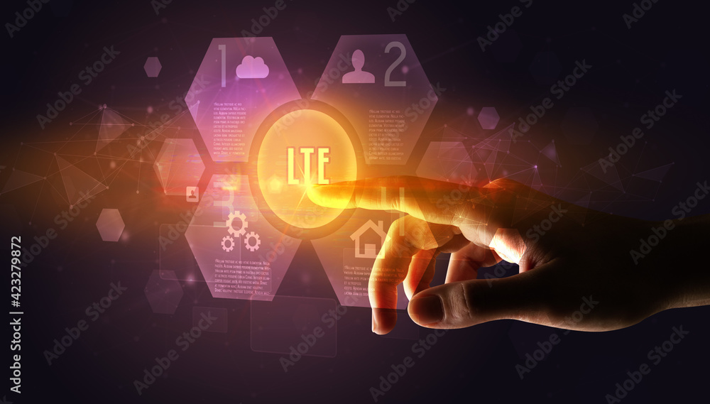 Hand touching digital button Hand touching digital button