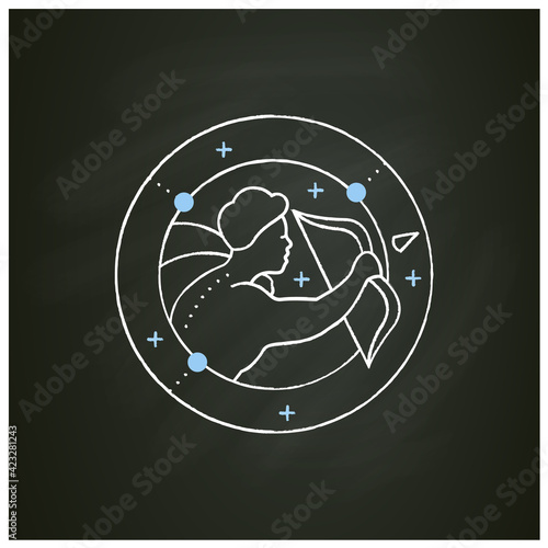 Sagittarius chalk icon. Ninth fire sign in zodiac. Shooter birth symbol. Mystic horoscope sign. Astrological science concept. Isolated vector illustration on chalkboard