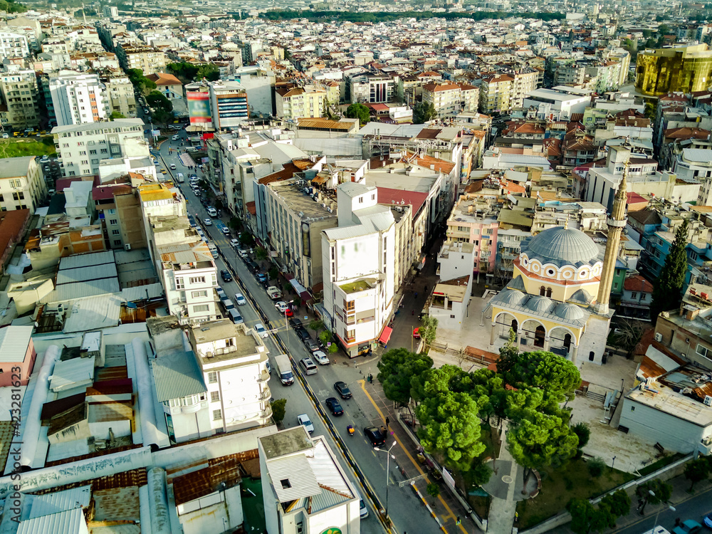 Fototapeta premium Aerial photograph of the capital of Aydin province - Aydin city from high point of drone fly in sunny day in Turkey.
