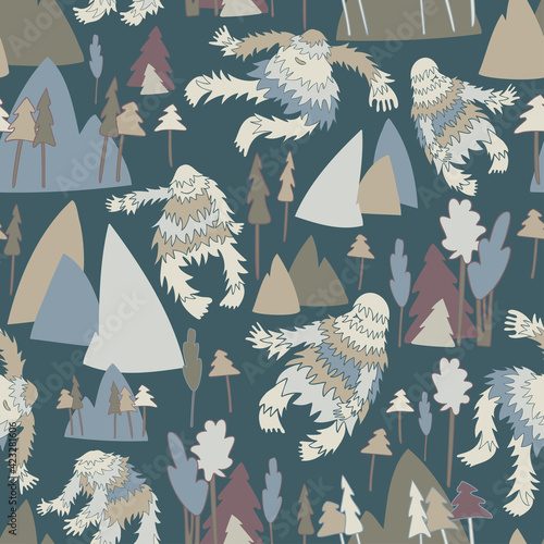 Vector seamless colorful pattern cryptozoology dancing yeti in the forest landscape in blue tones