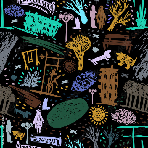 Seamless vector colorful pattern lined sketch of abstract city street in bright tones on black