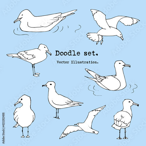 Hand drawn summer seaside print. Marine pattern in sketch style. Set of  white gull, seabird, flying seagull .  Isolated cartoon vector illustration set. Collection of Doodle  icons. Sea, ocean, beach