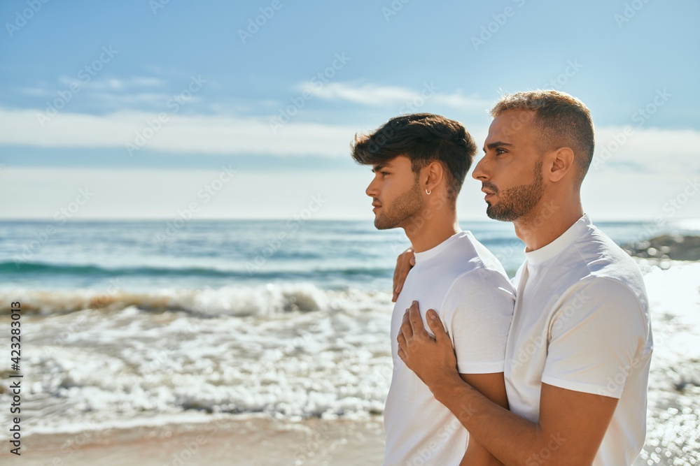 Young gay couple with serious expression looking to the horizon at the beach. Young gay couple with serious expression looking to the horizon at the beach.