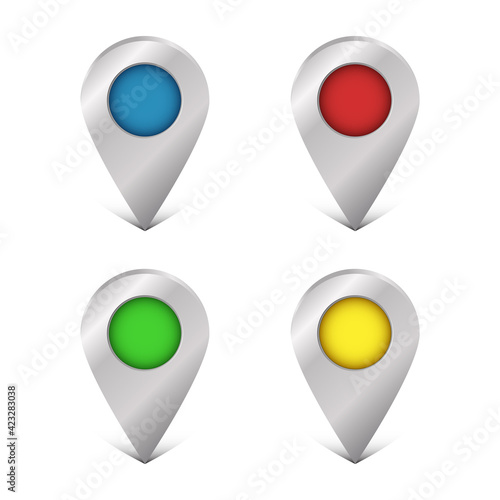 Free Download Map pin icon set. Empty location pointer. Vector illustration isolated on white background. Navigation tag template with shadow in four colors: red, green, blue and yellow. - GFXLoad