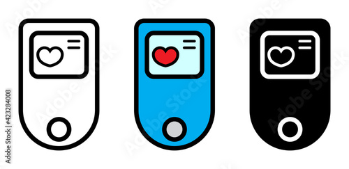 Pulse oximeter icon set. Oxygen measurement medical equipment. Vector illustration isolated on white. Medical equipment color symbol, outline and silhouette design.