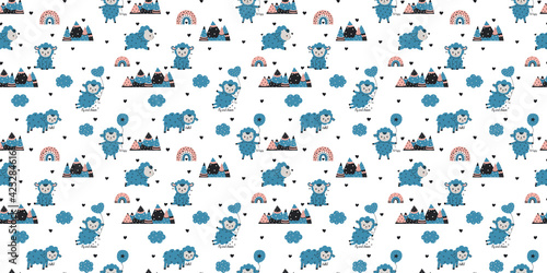 Seamless pattern of little cute cartoon blue lambs with calligraphic inscriptions  clouds  rainbows  mountains and hearts on a white background in the Scandinavian style. Vector.