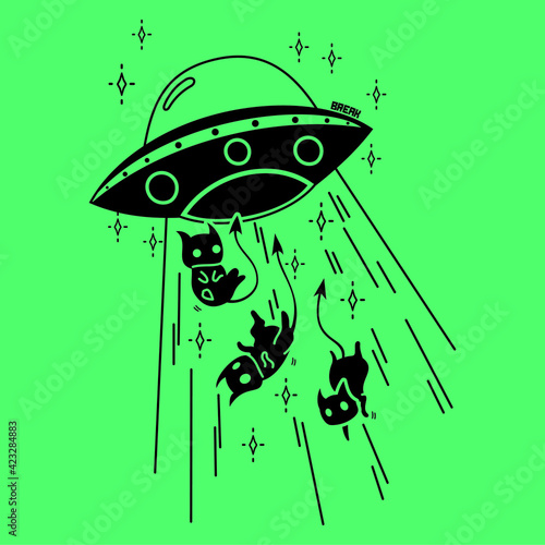 Cartoon UFO abduction black and white cat- vector art illustration