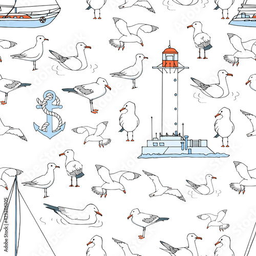 Hand drawn summer seaside seamless pattern. Marine print in cartoon style. Sketch gull, seabird, flying seagull , lighthouse, anchor, yacht . Doodle vector illustration. Sea, ocean, beach, sail