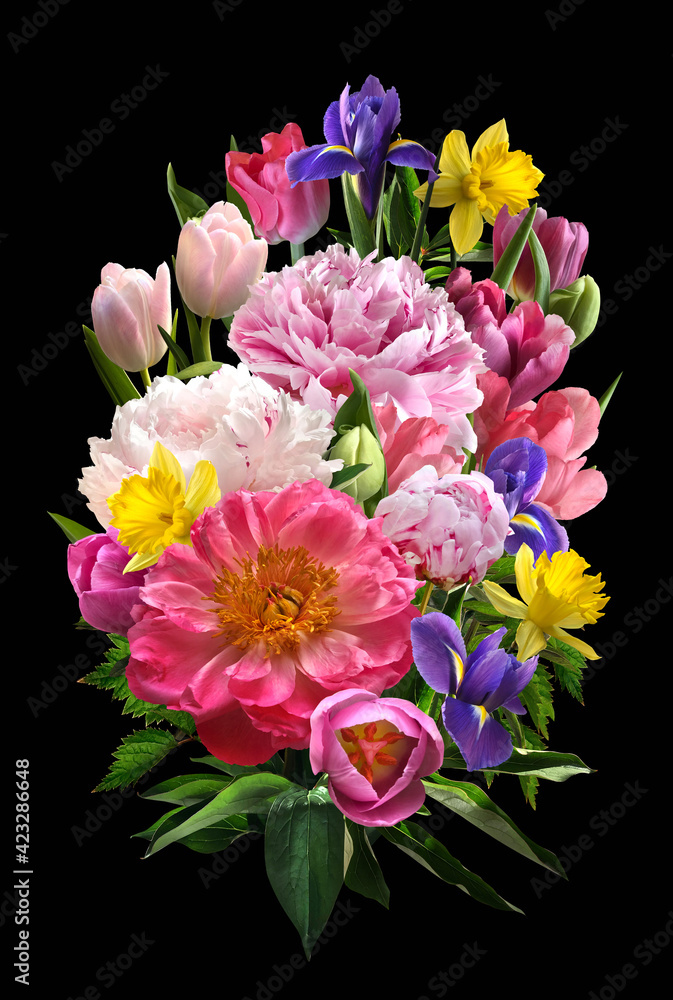 Obraz premium French bouquet of different flowers closeup on a black background