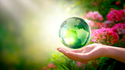 Earth Day or World Environment Day concept. Save our Planet, restore and protect green nature, sustainable lifestyle and Climate literacy theme. Blooming rose flower garden and globe in hand, 22 april