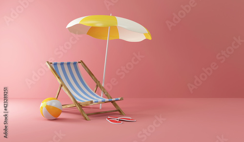 Summer Concept. Deck Chair with Sunshade and Color Beach Ball on Pink Studio background