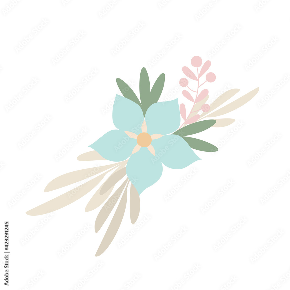 Simple flowers pastel-colored floral arrangement of in flat style vector illustration, symbol of spring, cozy home, Easter holidays celebration decor, clipart for cards, bohemian springtime decoration