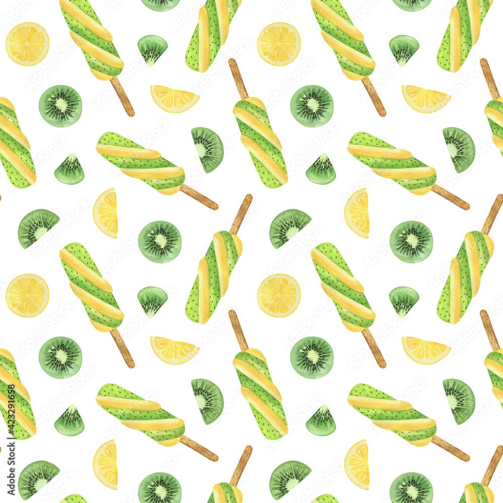 Kiwi ice cream, fruit and lemon slices seamless watercolor hand drawn pattern, illustration repeat sweet dessert ornament for summer holiday decor, tasty treat menu design, invitation, banner Kiwi ice cream, fruit and lemon slices seamless watercolor hand drawn pattern, illustration repeat sweet dessert ornament for summer holiday decor, tasty treat menu design, invitation, banner