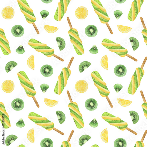 Wallpaper Mural Kiwi ice cream, fruit and lemon slices seamless watercolor hand drawn pattern, illustration repeat sweet dessert ornament for summer holiday decor, tasty treat menu design, invitation, banner Torontodigital.ca