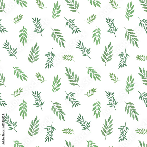 Green leaves in randomly arranged seamless pattern hand drawn botanical floral watercolor illustration  simple greenery ornament for textile  gift paper  eco-friendly holiday decor