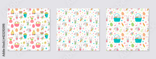 Set of vector seamless pattern for Easter with rabbits and eggs and spring designs.