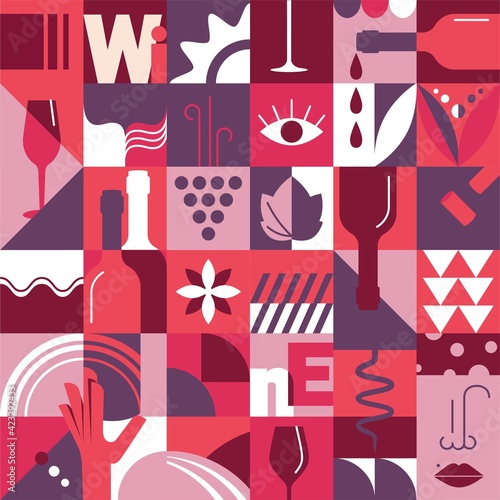 Abstract Seamless Pattern with Geometric Shapes and Wine Tasting Concept Elements. Vector illustration