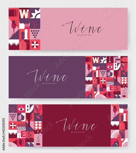 Set of abstract geometric posters for Wine Tasting event. Seamless  backgrounds for brochures, poster design. Vector illustration