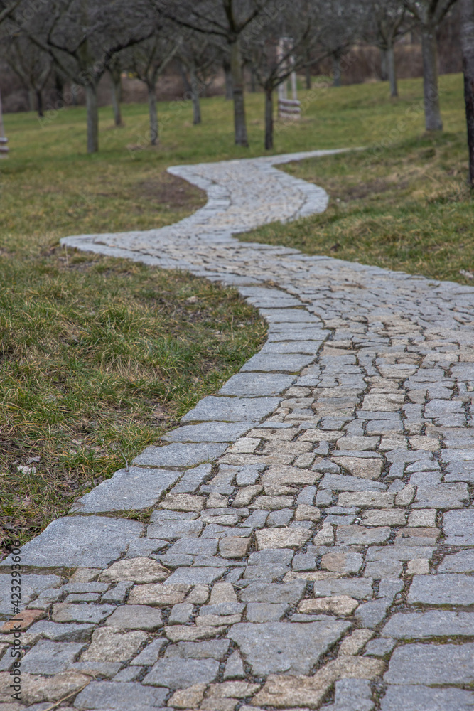 winding cobblestone path in the garden