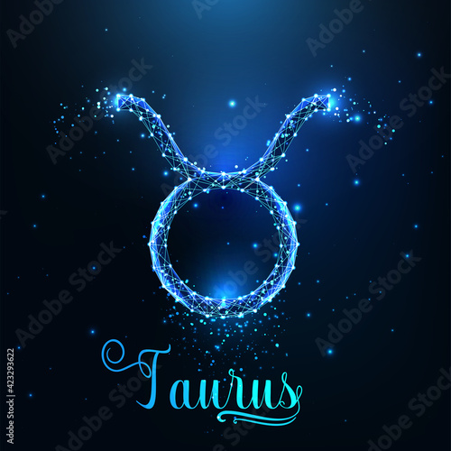 Futuristic glowing low polygonal Taurus zodiac sign concept on dark blue background.