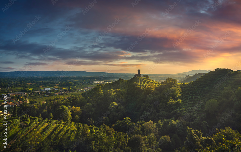 Prosecco Hills, vineyards and San Lorenzo church. Unesco Site. Veneto, Italy