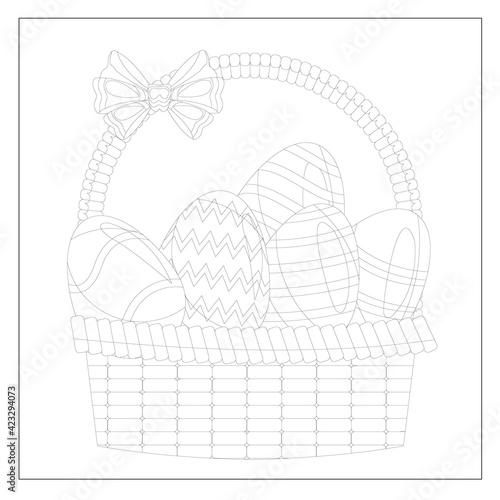 Easter Basket, Black and White Doodle Easter Eggs in the basket. Coloring book for adults for relax and meditation. Vector isolated elements