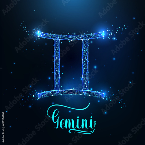 Futuristic glowing low polygonal Gemini zodiac sign concept on dark blue background.