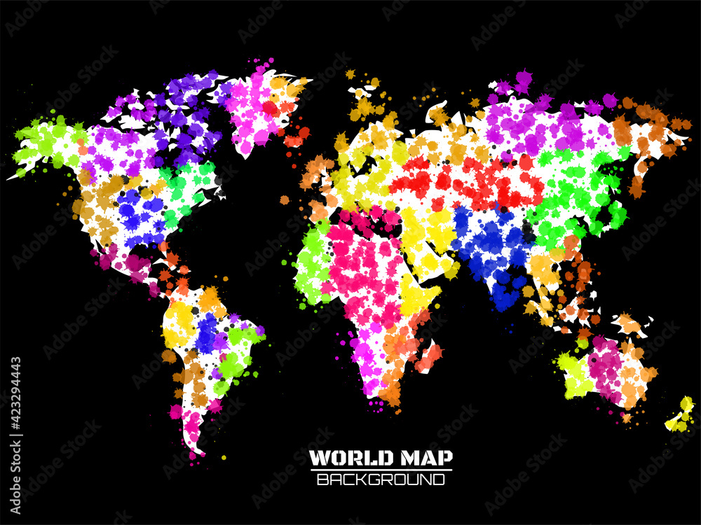Fototapeta premium Abstract colorful world map in the form of blots, colorful ink splashes, grunge splatters. Vector illustration