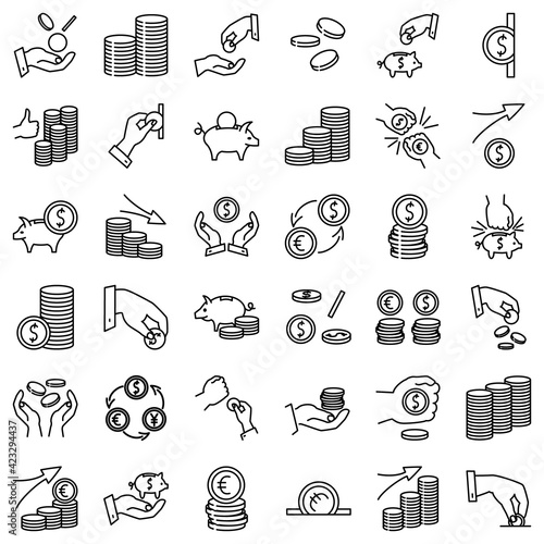 Set of icons - money, coins, finance, donation, payment, currency exchange, accumulation and saving money. Vector isolated on white, outline style. Dollar, euro - currency signs, finance crisis.