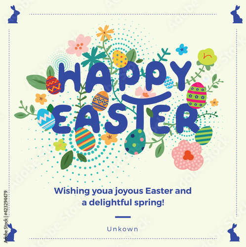 Happy easter greeting card. Easter spring hand drawn flowers background. Colorful Happy Easter greeting card with flowers and eggs. 