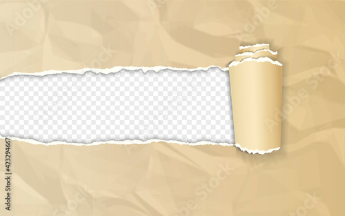 Realistic brown crumpled paper with rolled edge on transparent background