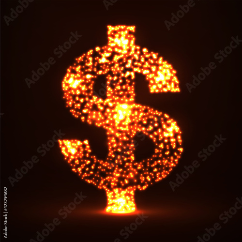Abstract dollar sign of glowing particles. Neon financial symbol. Isolated vector illustration