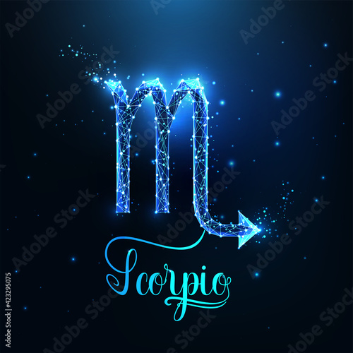 Futuristic glowing low polygonal Scorpio zodiac sign concept on dark blue background.