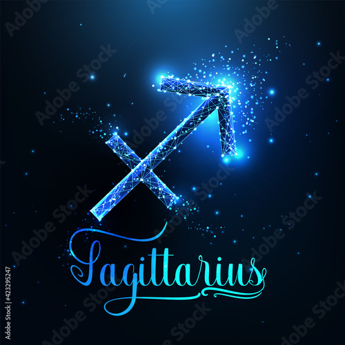 Futuristic glowing low polygonal Sagittarius zodiac sign concept on dark blue background.