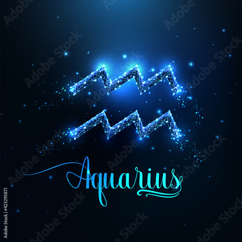 Futuristic glowing low polygonal Aquarius zodiac sign concept on dark blue background.